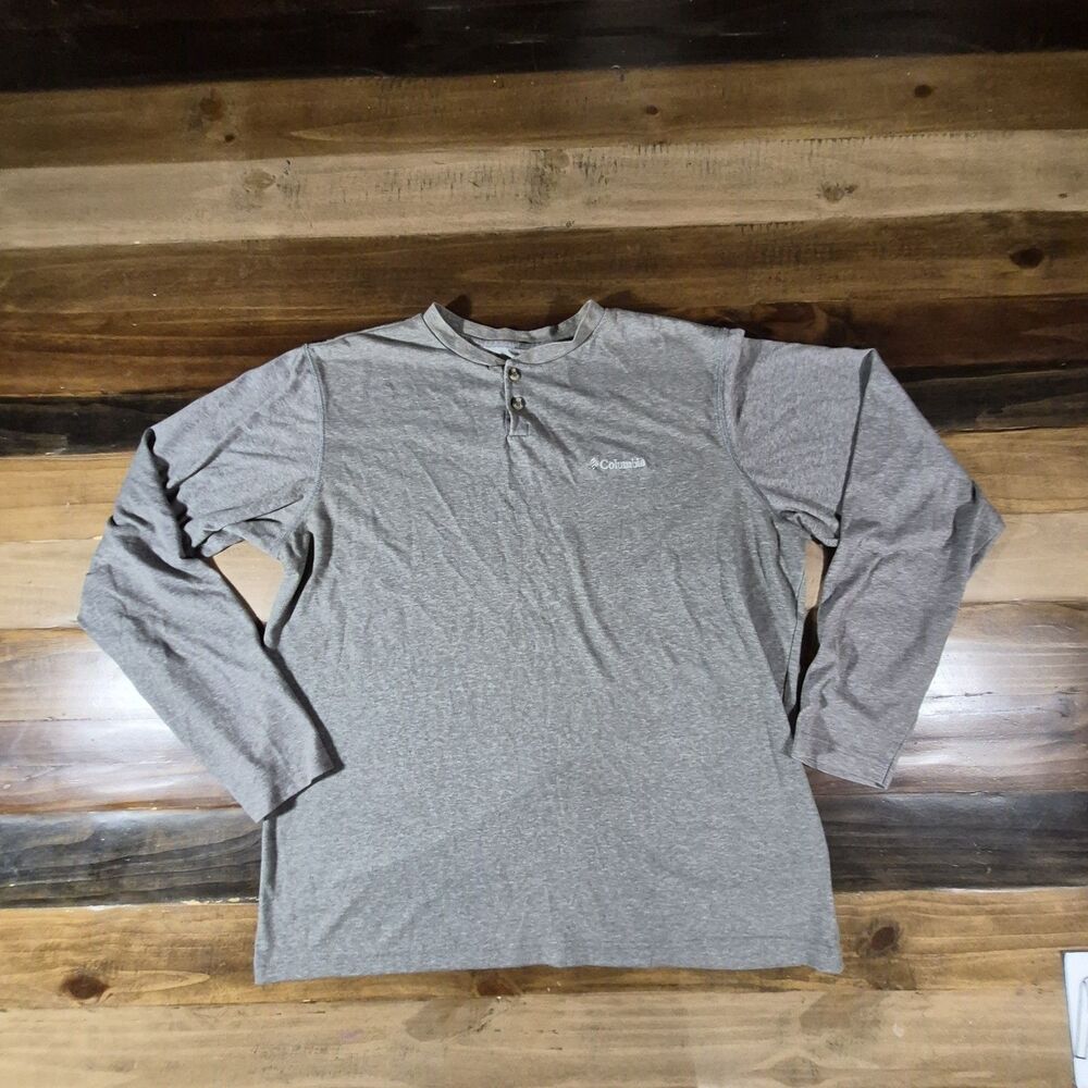Columbia Men's Large Gray Henley Long Sleeve Shirt Logo Outdoor Casual Cotton